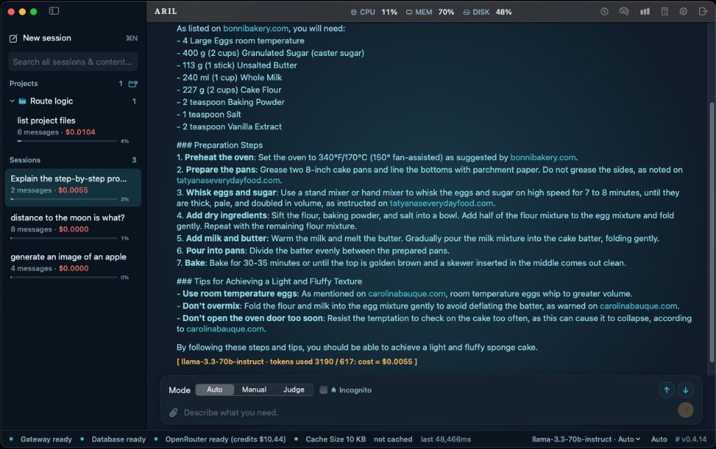 ARIL chat with formatted sponge cake reply and cost footer