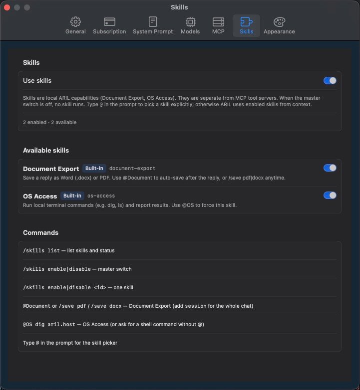 ARIL Skills preferences with Document Export and OS Access enabled