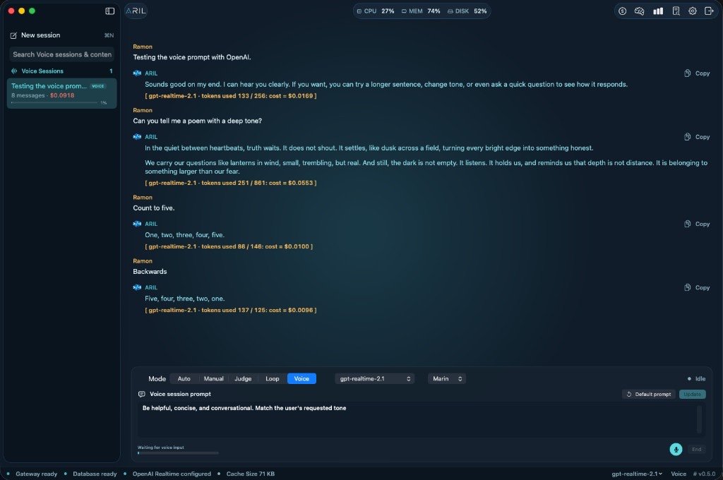 ARIL Voice mode with OpenAI Realtime conversation, transcripts, and costs